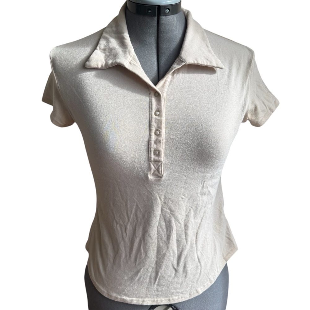 Levi’s OLS Tan Khaki Polo Top Y2K Minimal Baby Tee Fitted Short Sleeve Neutral